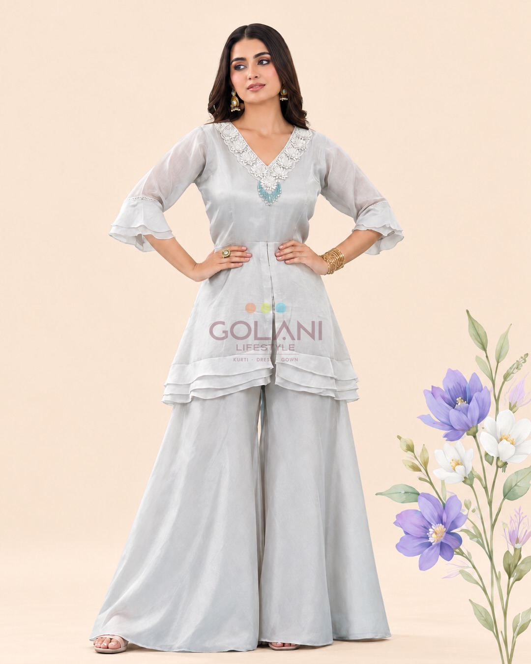 Elegant Ivory Floral & Pearl Embroidered Co-ord Set