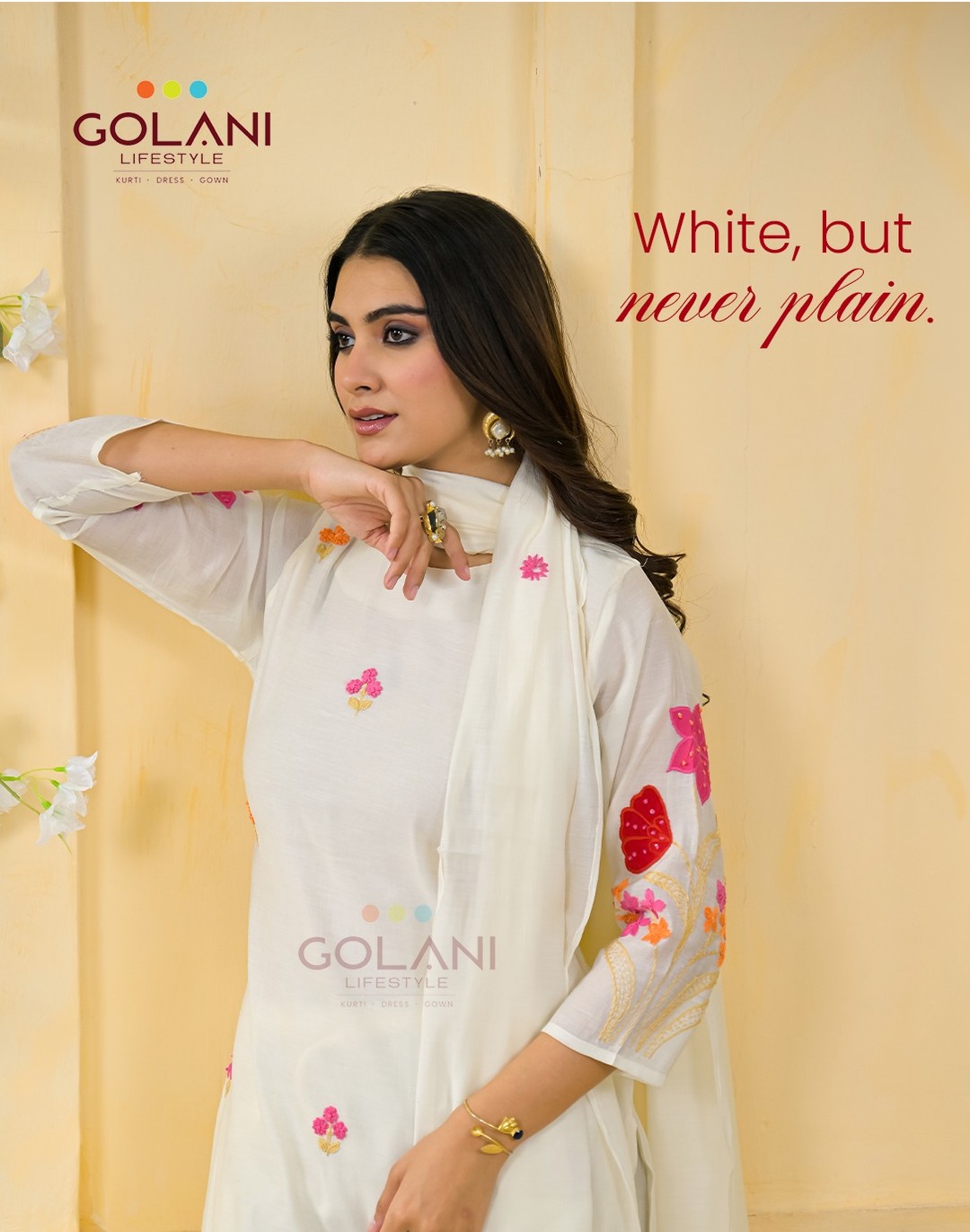 The White Chikankari Scalloped Sleeve Suit Set
